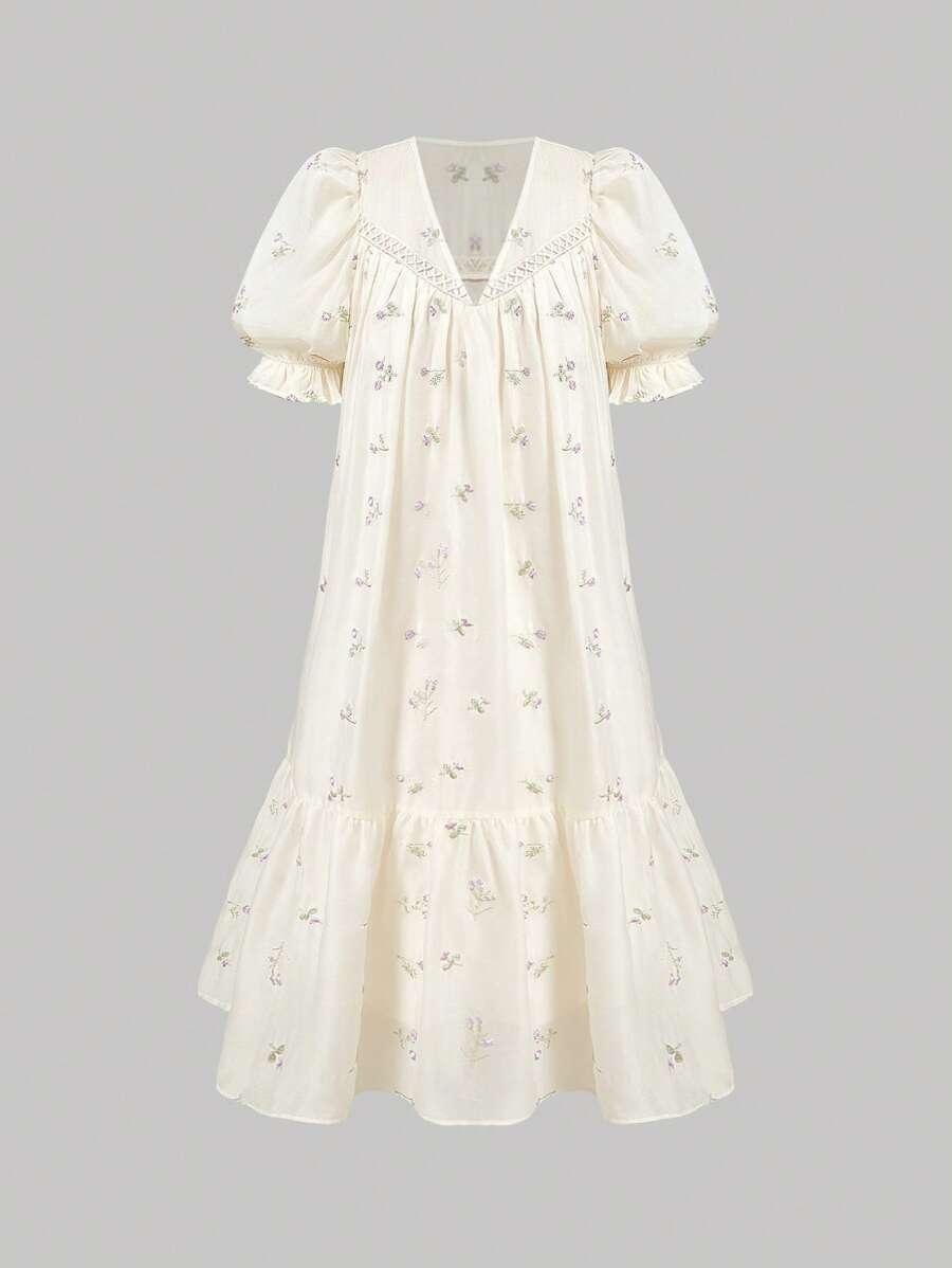 SHEIN MOD 女式V领短款泡泡袖碎花娃娃裙