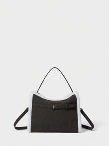 SHECARRY Tas Tote Wanita Kasual Motif Blok Warna dengan Kompartemen Resleting - Hitam - View 2