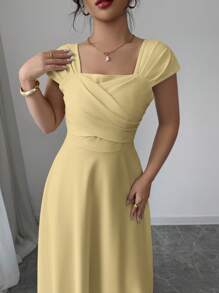 Modelyn Đầm thường ngày cổ vuông màu trơn thanh lịch cho nữ mùa hè - Màu vàng - Xem 5