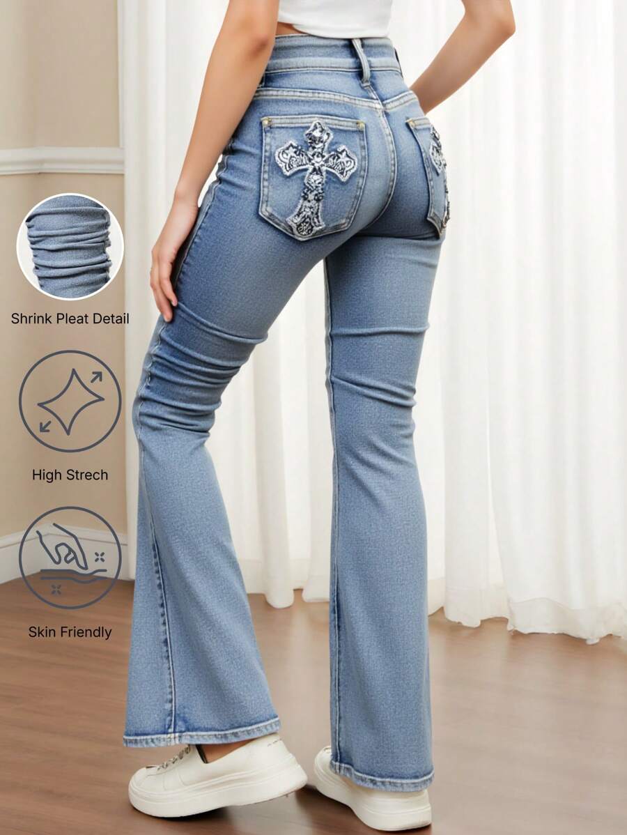 DENIMLY TWEEN GIRL 复古街头酷炫少女低腰喇叭牛仔裤 - 淺色水洗藍 - 查看 1