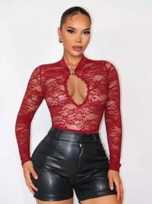 Sirith Sexy Lace Patchwork Sheer Mesh Bodysuit Fall Cloth For Women - Red - View 7