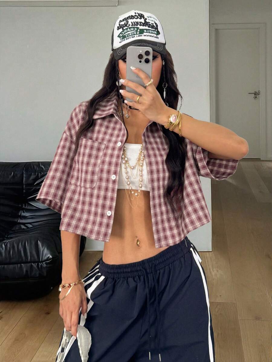 Coolane Áo thun kẻ caro dáng rộng thời trang xuân/hè cổ điển dành cho nữ, áo sơ mi đỏ cho năm mới, áo polo dành cho nữ - Hồng - Xem 1