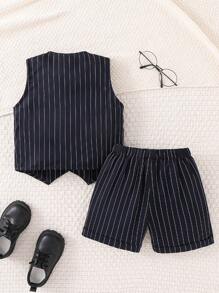 2pcs/Set Young Boys Comfortable, Versatile, Fashionable, Cute Gentleman's College Style Vest And Shorts Two Pieces Set, Suitable For Spring And Summer Seasons, Suitable For Daily Life, Suitable For Sports, Suitable For Campus, Suitable For Gatherings, Suitable For Festivals, Suitable For Performances, Suitable For Photography, Suitable For Returning To School Season - Navy Blue - View 5