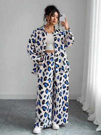Elenzga Plus Size Women's New Style Casual Loose Colorful Leopard Print Shirt And Wide Leg Pants 2 Pieces Set Women Summer Clothing Women S Street Wear Women S 2 Pieces Outfits Pants Sets For Women Womens 2 Pieces Clothing