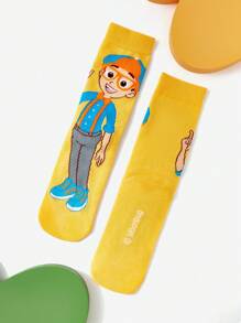 Blippi X SHEIN 3 Pairs Cartoon Figure Graphic & Dinosaur Pattern Kids Socks Set, 100% Cotton