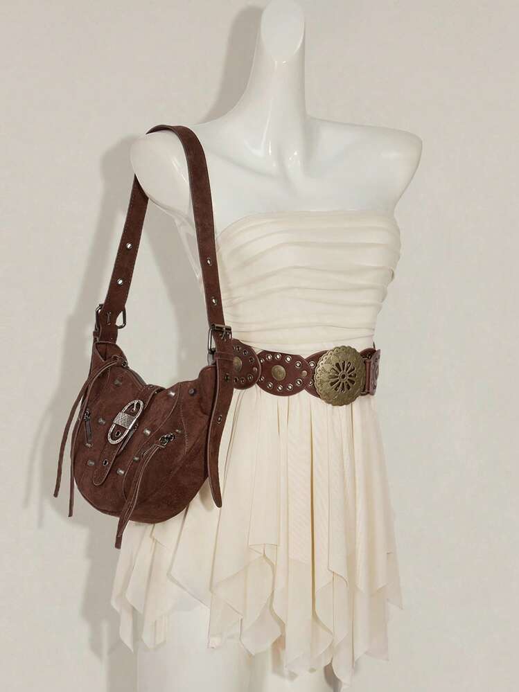 SHEIN ICON Vestido mini tubo plisado de unicolor, asimétrico, fashionable, estilo occidental, boho, de playa, hippie vintage para mujer Y2K - Albaricoque - Añade 1