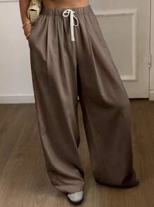 Livesso 女士宽松直筒裤，纯色抽绳腰休闲裤，夏季亚麻