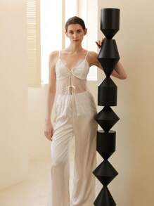 Elegant French Lace-Up Satin Women's Sleepwear Set, Sexy - White - View 6