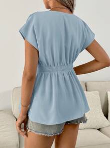 SHEIN Camisa de maternidad de cuello en V, de unicolor, moderna para el verano - Azul - Ver 2