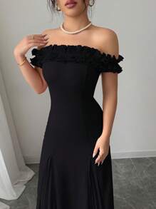 Selianne Đầm nữ thanh lịch, lãng mạn, trễ vai, xếp ly eo, vạt chữ A, chất liệu chiffon, phối ren. - màu đen - Xem 3