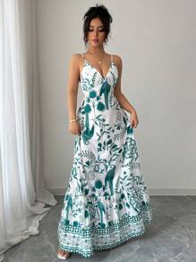 Elenzga Vestido elegante y romántico con estampado floral para mujer, con cuello en V, tirantes de espagueti y ajuste en la cintura en línea A