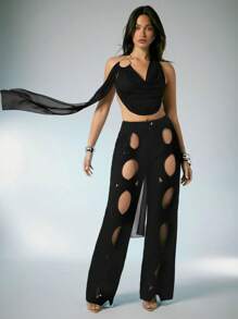 Denimoi 春夏性感露背链条装饰低胸无袖短款外出上衣音乐节沙滩链条上衣露背上衣性感上衣时尚夏季上衣度假上衣度假演唱会夜店雪纺上衣 - 黑色 - 查看 5