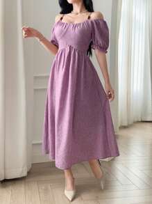 女士V领泡泡袖露肩收腰连衣裙，紫色，休闲女装 - 紫色 - 查看 8