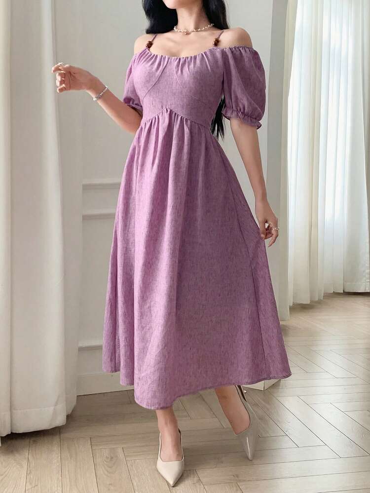 Women's V-Neck Puff Sleeve Hollow Shoulder Waist Cinched Dress, Purple, Casual Women Dress