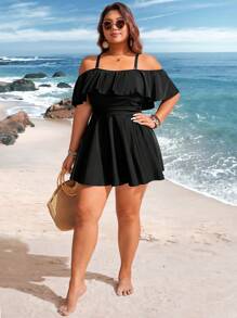 Swim Lushoire Plus Size Women's Solid Color Ruffled Shoulder Vacation Tankini Top For Summer - Black - View 5