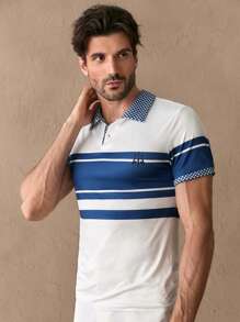 Manfinity ModaGents Camisa polo de manga corta raglán de ajuste ceñido con estampado de patrón a rayas para hombre