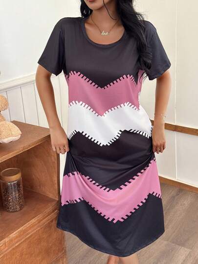 Digital Wave Print Short Sleeve Nightgown, Moo view 6