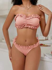 Swim Mod Women's Solid Color Frill Trim Bandeau Sexy Bikini Swimsuit Set For Summer Beach Vacation - Watermelon Pink - View 4