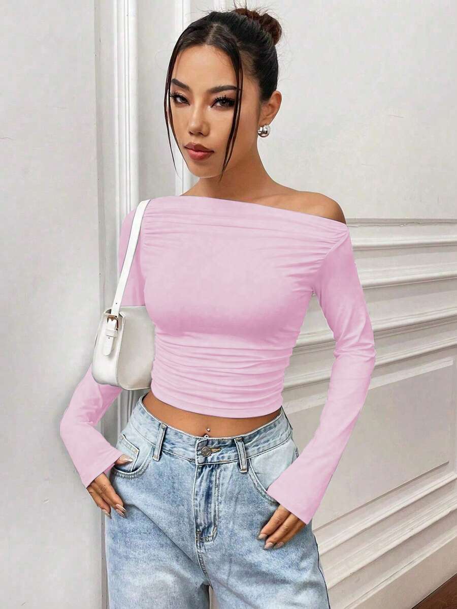 SHEIN Unity 纯色不对称领褶皱修身长袖T恤，适合新年服装 - 粉色 - 查看 1