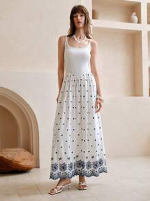 SHEIN LUNE Women's White Polka Dot Embroidered Cami Dress,Summer Elegant Vacation Long A-Line Dress,Waist-Cinching Shirred Ruffle Hem Casual Beach Resort Wear - White - View 4