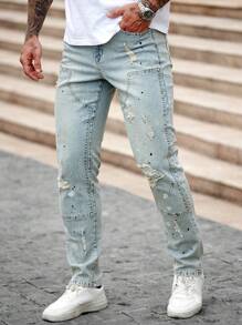 Manfinity EMRG Men's Light Blue Distressed Denim Skinny Jeans, Streetwear Elastic Fit