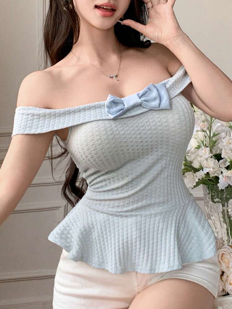 Women's Sexy Off-Shoulder Short Sleeve T-Shirt With 3D Bowknot Decor & Ruffle Detail, Summer,Off Shoulder Top