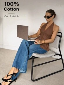 Siren Gaze 2025年夏季：亚麻露背背心——适合工作装和休闲时尚的无袖纽扣上衣 - 咖啡棕 - 查看 2