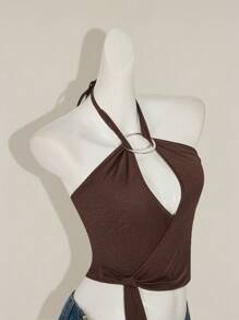 SHEIN ICON 女士纯色环状镂空性感短款露背背心 - 棕色 - 查看 8