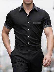 Manfinity Homme Men's Summer Casual Contrast Color Patchwork Short Sleeve Shirt - Black - View 1