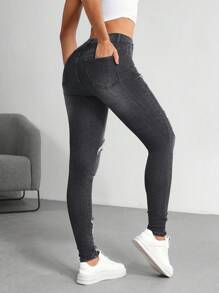 SHEIN Tall Women's Distressed Ripped Denim Jeans, Fashionable For Summer - Black - View 2