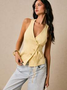 Poéselle 女士性感露背吊带短款上衣，夏季 - 黃色 - 查看 4