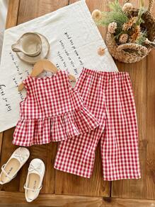 LMoss Kids 女婴可爱夏季度假红白格子蝴蝶结装饰无袖上衣和松紧腰宽松裤套装 - 紅色 - 查看 2