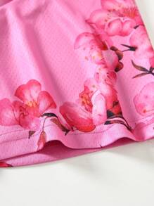 ROMWE MEN Prep 男士球衣足球花卉印花 V 领短袖 T 恤，休闲装，度假装，2000 年代风格 - 粉色 - 查看 7