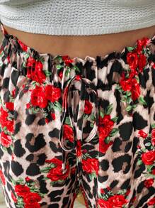 SHEIN VCAY Plus Size Women Leopard Floral Print Drawstring Waist Straight Leg Pants - Multicolor - View 7