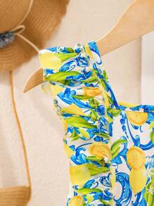 SHEIN 年轻女孩休闲绿色盖袖印花连衣裙，夏季日常穿着，宽松喇叭裙，女孩夏季度假装 - 黃色 - 查看 3