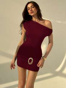 Aloruh Đầm mini ôm cổ lệch thanh lịch gợi cảm cho nữ - Màu Đỏ Sâu - Xem 6