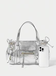 SHECARRY Women's Fashion Personalized Y2K Motorcycle Style Zipper Decor Handbag - Bright silver - View 8