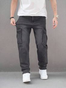 Manfinity Hypemode Men's Utility Pockets Straight-Leg Casual Classic Denim Cargo Jeans - Black - View 8