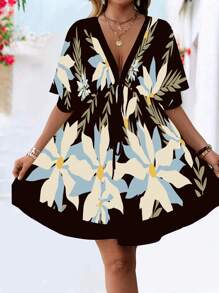 Breezaya Vestido de verano casual con cuello en V, cintura ceñida y mangas, con estampado floral vintage