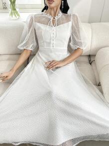 Modelyn 优雅纯色系带灯笼袖网布夏装 - 白色 - 查看 5