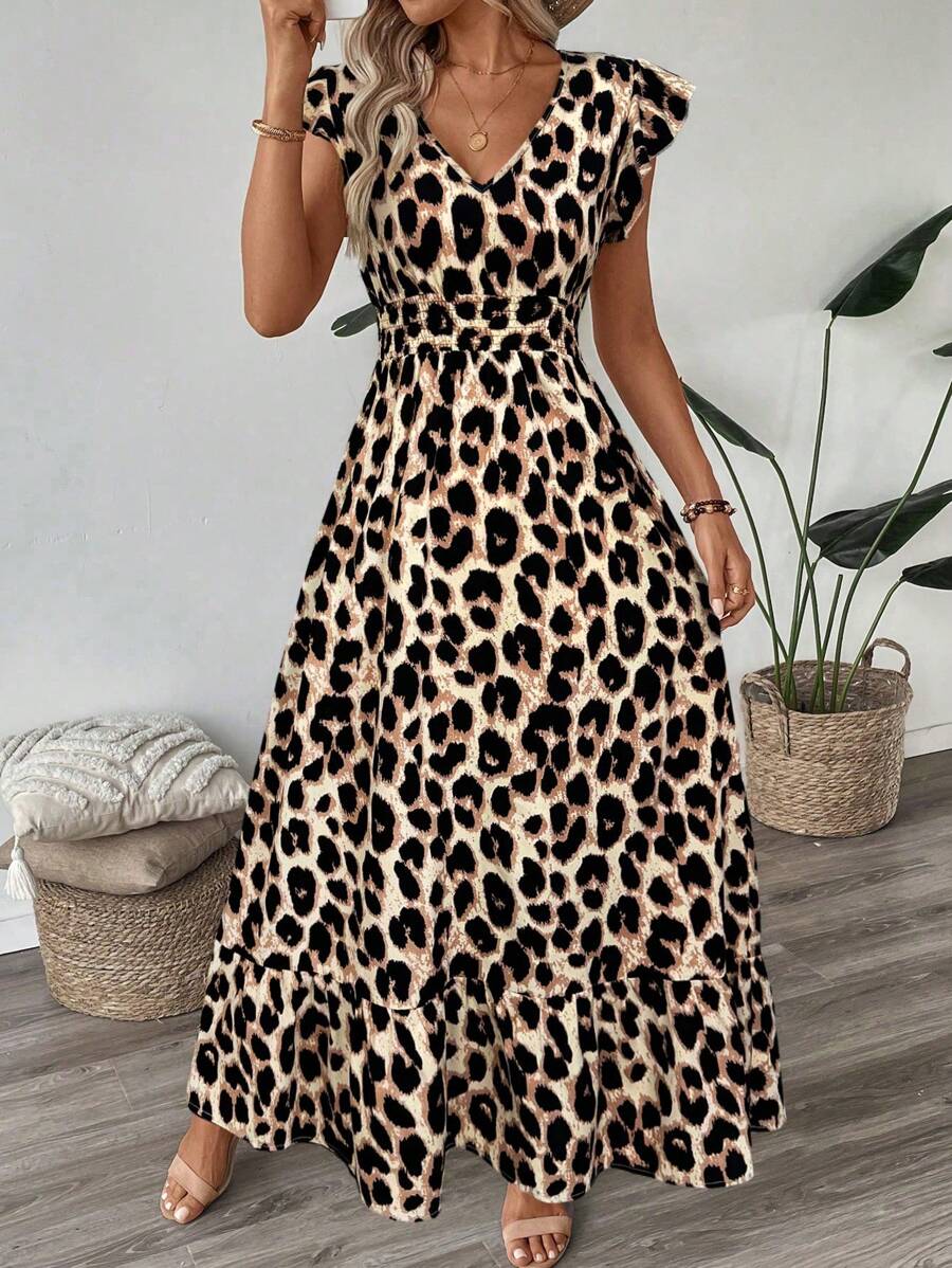 SHEIN LUNE Vintage Leopard Print Shirred Cap Sleeve Cinched Waist Ruffle Hem A-Line Maxi Dress, Casual Vacation Elegant Outing Dress For Women Leopard Dress,Sun Dresses For Women