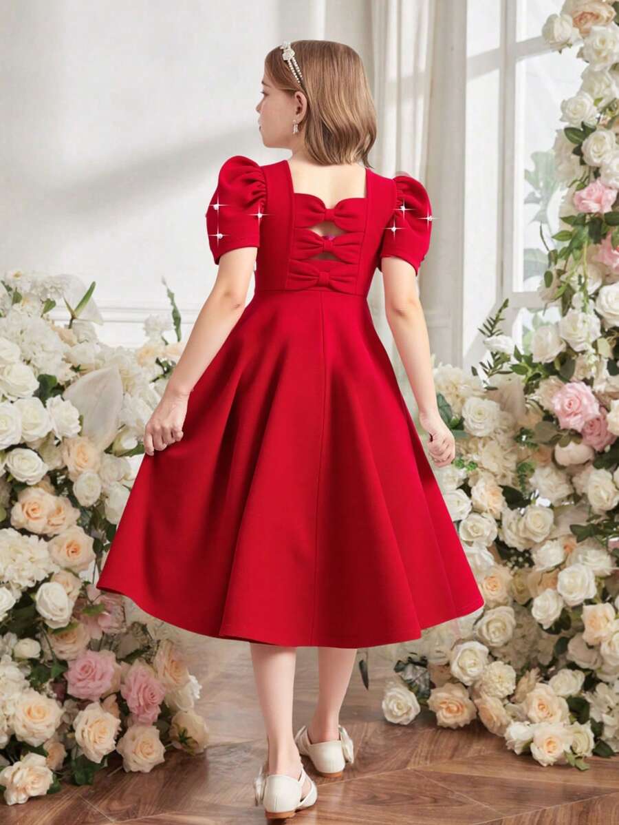 女童红色纯色短袖连衣裙，年轻女士红色串珠泡泡袖连衣裙，露背蝴蝶结设计，时尚甜美复古风格，优雅公主裙
