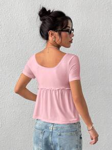 SHEIN EZwear 夏季简约纯色针织方领纽扣T恤 - 粉色 - 查看 2