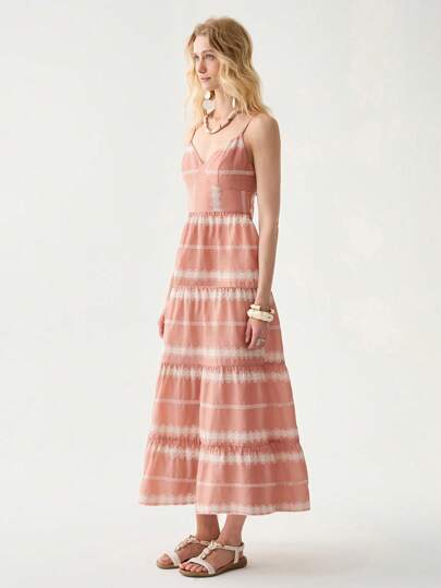 Florisole 女式优雅休闲度假波西米亚拼接露背细肩带长裙