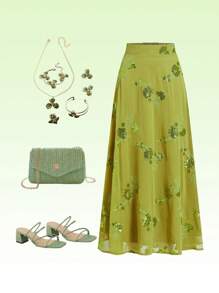 Ellevyn 女装优雅绿色碎花绣花裙夏装亮片绿裙子女蜜月装女毕业博胡女加大防晒裙 - 綠色 - 查看 1