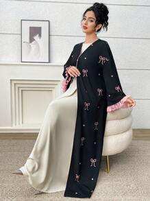 Yasmyna 女士蝴蝶印花喇叭袖阿拉伯长袍开衫，端庄长袍 - 黑色 - 查看 6