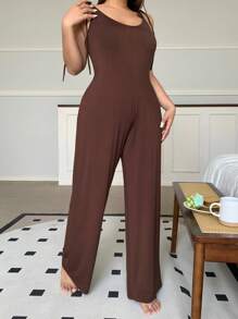 Dazy Plus Solid Color Fitted Jumpsuit Sleepwear - Brown - View 4