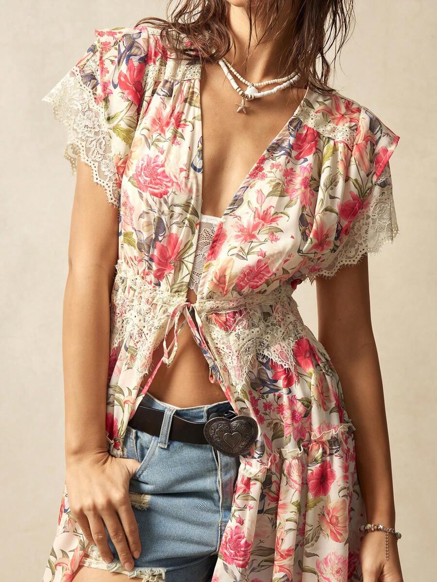 Bohemela 波西米亚风格乡村度假花卉印花撞色蕾丝女式短袖衬衫 - 白色 - 查看 1