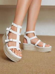 Styleloop Canvas Wedge Lace-Up Casual Comfortable Versatile Sandals - White - View 5