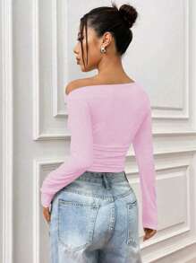 SHEIN Unity 纯色不对称领褶皱修身长袖T恤，适合新年服装 - 粉色 - 查看 2